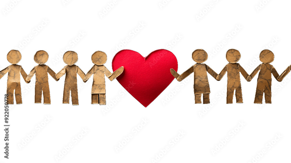 Paper cutout figures holding hands with red heart in the center, symbolizing unity and love, isolated on transparent background
Paper cutout figures holding hands with red heart in the center, symbolizing unity and love, isolated on transparent background