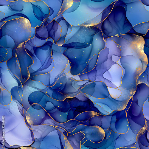 Seamless Liquid Fluid Marble of Ocean Blue, Purple Wave With Golden Glitch Texture Tile Background for Packaging, Banner, Decor, Wrap, Fashion, Accessories, Web, and Social Media