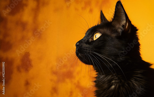 Profile of a Black Cat Against Vibrant Orange Background