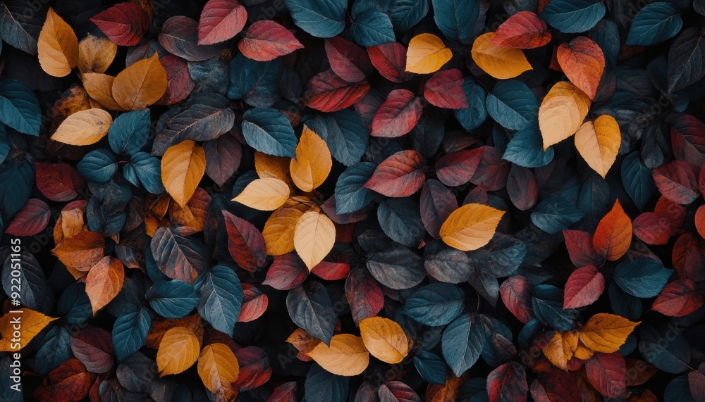 Colorful autumn leaves spread across dark background in a forest setting