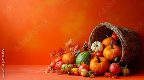 Wicker cornucopia overflowing with pumpkins and squash on orange background for thanksgiving photo