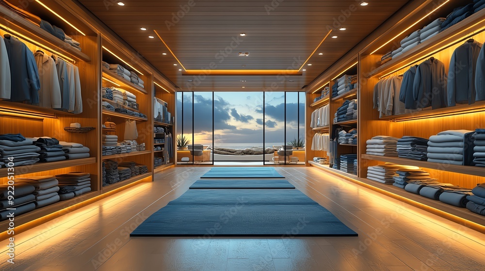 Modern walk-in closet with warm lighting and ocean view. Modern walk-in closet with warm lighting and ocean view.