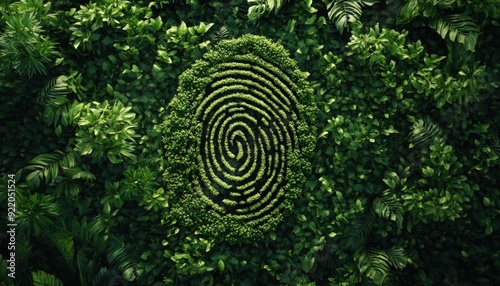 Green fingerprint design created from plants in a lush garden photo