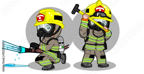 CIMAHI,INDONESIA-AUGUST 14, 2024-Cute chibi american male firefighter wear yellow helmet. Vector cartoon character illustration graphic design for collection, poster,background,wallpaper,sticker.