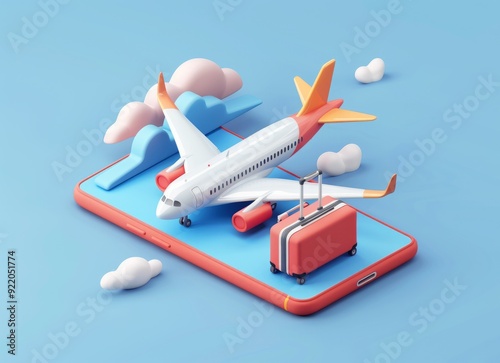 summer travel concept with an airplane and luggage on a smartphone screen, online booking of 