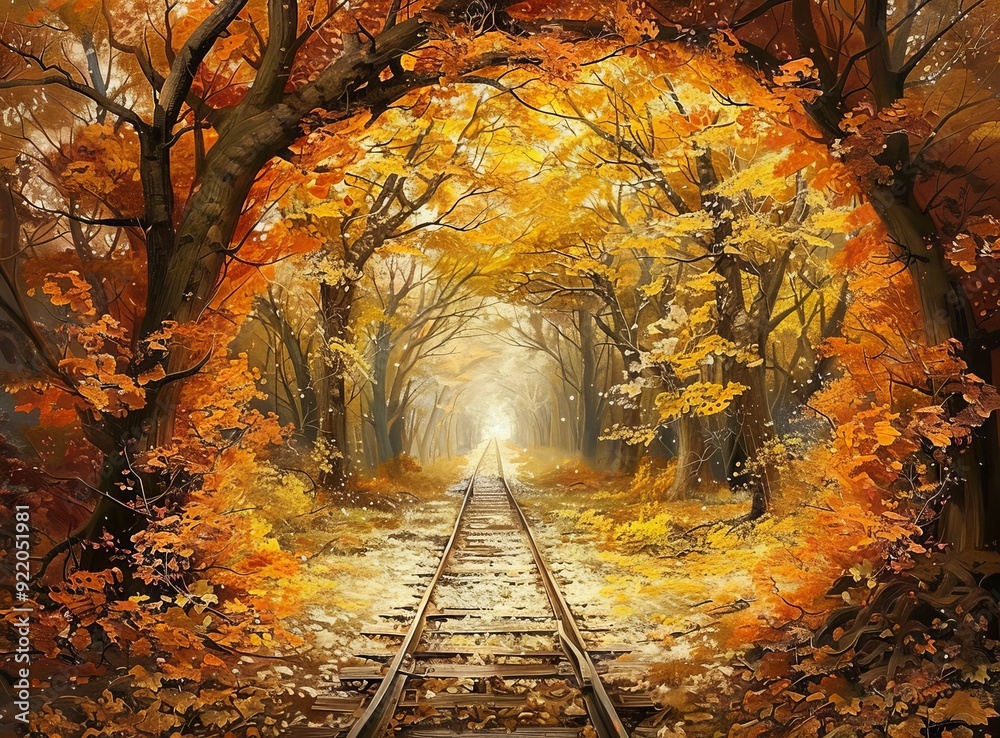 Naklejka premium The autumn tunnel of love, with the trees in an orange and yellow color, is covered in leaves on both sides of the train tracks that lead to the 