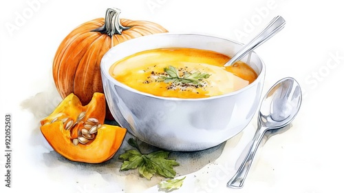 A watercolor painting showcasing a bowl of pumpkin soup with a spoon, accompanied by a fresh pumpkin, a slice with seeds, and autumn leaves for a seasonal feel