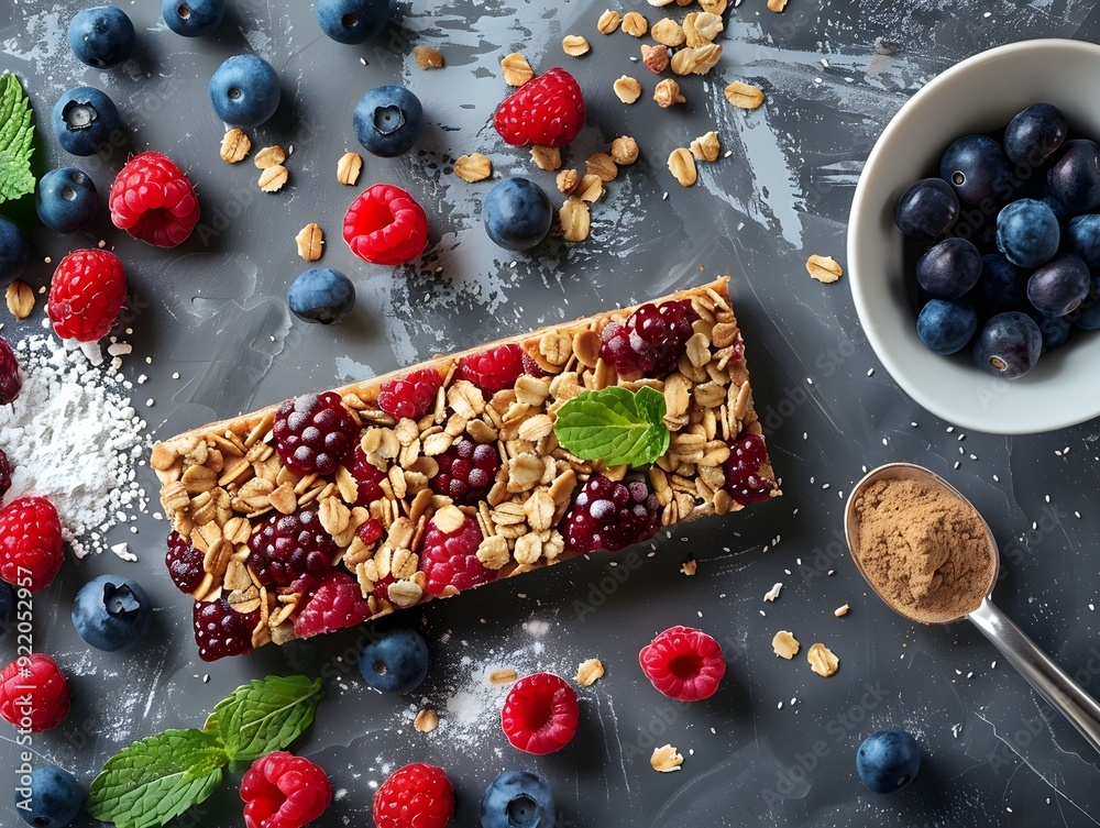 Granola bar topped with fresh berries and mint on a textured gray background, showcasing healthy snacks and ingredients Granola bar topped with fresh berries and mint on a textured gray background, showcasing healthy snacks and ingredients
