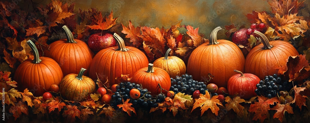 Autumn still life with pumpkins and grapes resting on fallen leaves Autumn still life with pumpkins and grapes resting on fallen leaves