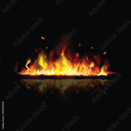 Realistic colorful line bon fire flame with horizontal reflection. Translucent fire flames and sparks and sparks on black background . Bright burning blaze border vector illustration