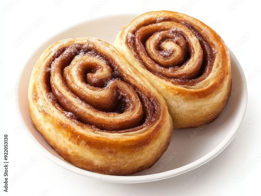Two cinnamon rolls served on a white plate, showcasing their golden crust and perfectly swirled cinnamon filling, ready to enjoy. Two cinnamon rolls served on a white plate, showcasing their golden crust and perfectly swirled cinnamon filling, ready to enjoy.