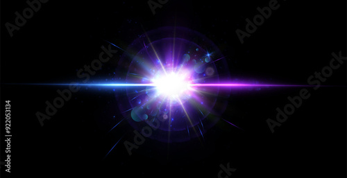 Bright blue light effect. Bright lens flare. Blue glow effect. Starry flares with shimmering highlights. Beautiful shimmering lens flare light effect. Vector 10 EPS
