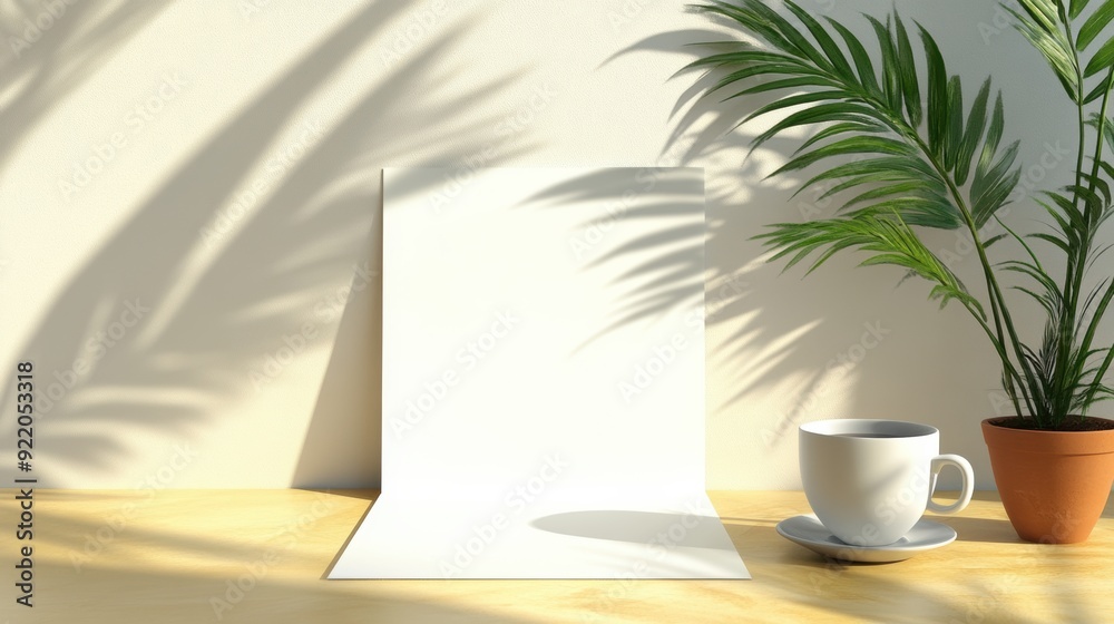 A white blank paper with a plant and cup on the table, AI A white blank paper with a plant and cup on the table, AI