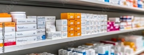 A vivid display of diverse medication boxes arranged meticulously on pharmacy shelves with an artistic blur in the background