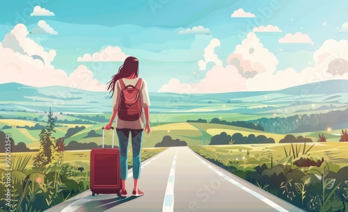 Young woman with suitcase standing on country road and looking at distant landscape, travel 