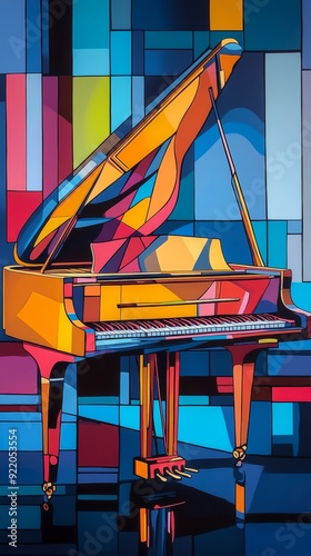 Grand piano standing in colorful room with cubism style photo