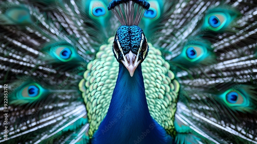 Fototapeta premium Elegant Peacock with Vibrant Teal and Blue Feather Display in Clear Setting