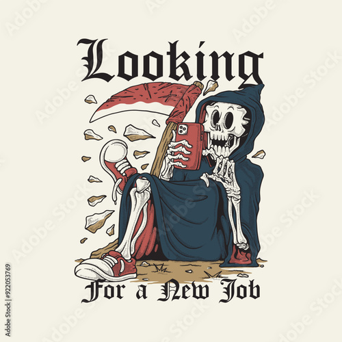 retro cartoon emblem of grim reaper using smartphone