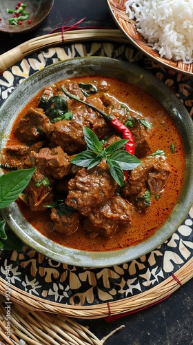 An image of a rich and aromatic flavors of Malaysian beef rendang, a slow-cooked dish featuring tender beef infused with a blend of spices and coconut milk. AI generated illustration photo