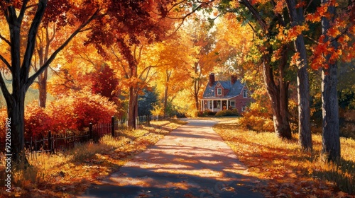 Fototapeta Naklejka Na Ścianę i Meble -  Road leading to a house surrounded by fall foliage