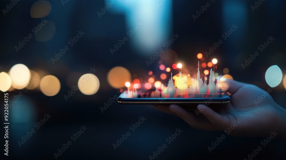 Hand holding a smartphone displaying a stock market chart with positive growth, symbolizing economic success. Hand holding a smartphone displaying a stock market chart with positive growth, symbolizing economic success.