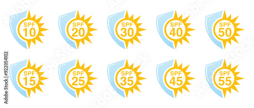 SPF icon logo set sun protection. Sun symbol and shield in yellow and blue gradient colors for SPF sunscreen label packaging vector design isolated