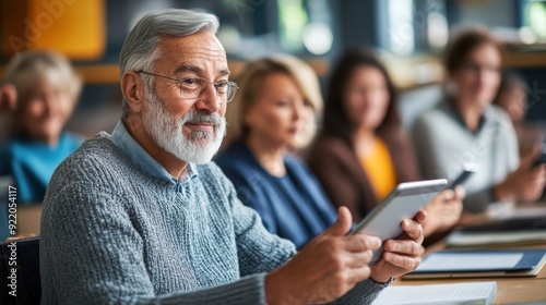 In a peaceful adult learning center, seniors are attentively following along in a technology class, each with a tablet in hand, the instructor patiently explaining the steps, their expressions a mix