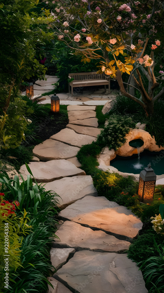 generate an image of a serene garden with a stone generate an image of a serene garden with a stone