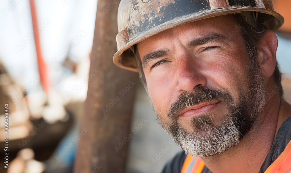 The man has a rugged appearance, accentuated by his work as an oil rig worker, Generative AI The man has a rugged appearance, accentuated by his work as an oil rig worker, Generative AI