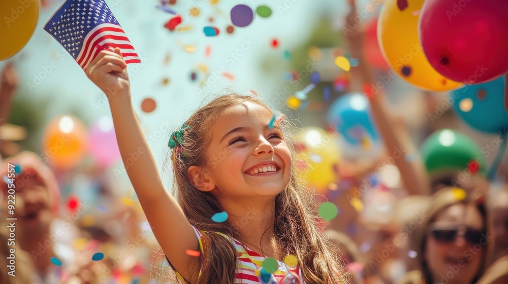 Obraz premium A dynamic shot of a young girl waving a small American flag with enthusiasm, surrounded by a crowd of people at a patriotic parade, with colorful balloons and confetti filling the air, capturing the