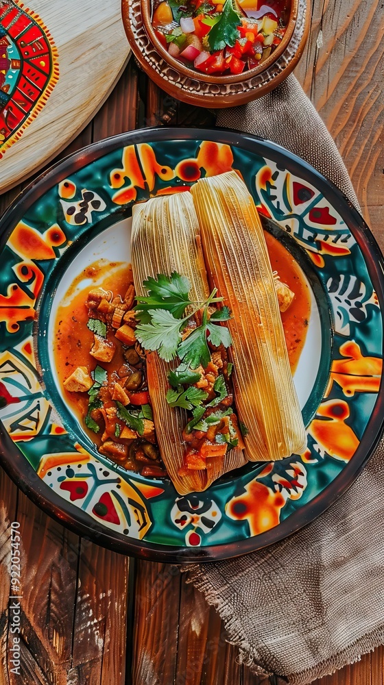 Tamales. Prehispanic dish typical of Mexico and some Latin American countries. Corn dough wrapped in corn leaves. The tamales are steamed. AI generated illustration