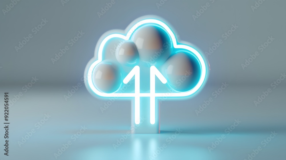 Glowing cloud icon with upward arrows representing cloud computing and data upload. Modern technology concept. Glowing cloud icon with upward arrows representing cloud computing and data upload. Modern technology concept.