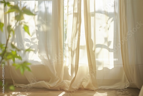 Light sheer curtains gently blowing in the breeze with soft sunlight filtering through. Concepts of tranquility, relaxation, and serene home interiors.