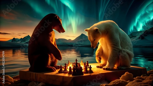 Polar Bear and Penguin Chess on Melting Ice Under Northern Lights.