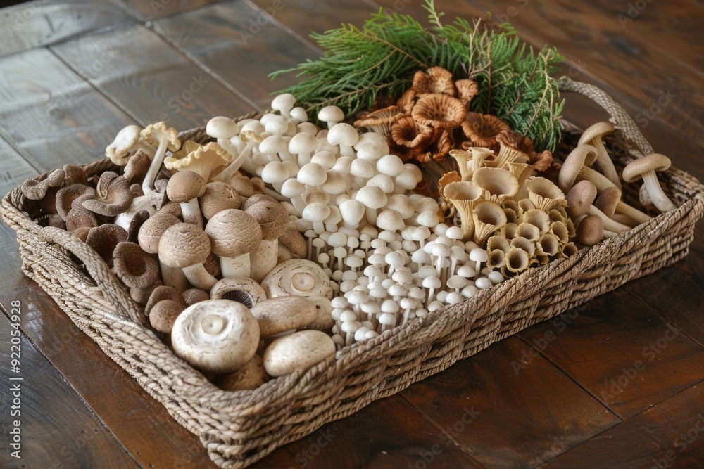Inviting wicker tray overflows with diverse mushrooms—earthy, fresh, versatile culinary delights await. Inviting wicker tray overflows with diverse mushrooms—earthy, fresh, versatile culinary delights await.