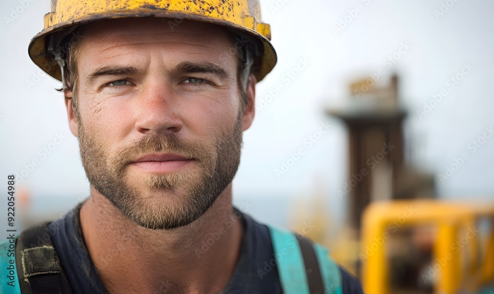 The man has a rugged appearance, accentuated by his work as an oil rig worker, Generative AI The man has a rugged appearance, accentuated by his work as an oil rig worker, Generative AI
