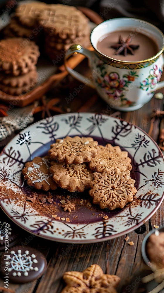 Close up image of real Belgian speculoos (biscoff) cookies on a plate on a wooden table. The biscuit is now a worldwide cooking ingredient hype. AI generated illustration Close up image of real Belgian speculoos (biscoff) cookies on a plate on a wooden table. The biscuit is now a worldwide cooking ingredient hype. AI generated illustration