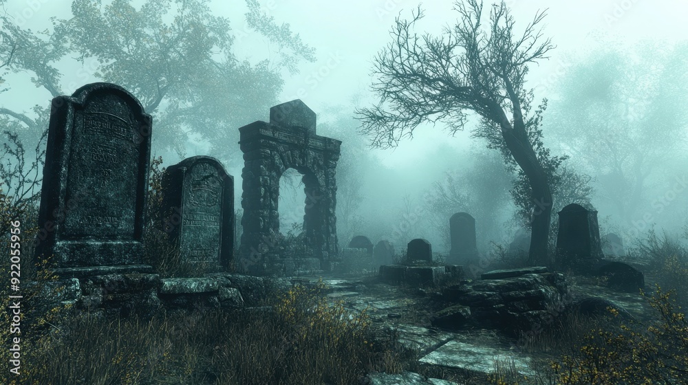 Eerie Haunted Graveyard with Ghostly Figure Rising in Foggy Atmosphere Eerie Haunted Graveyard with Ghostly Figure Rising in Foggy Atmosphere