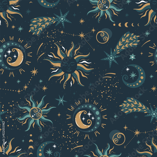 Trendy celestial seamless pattern, spiritual background hand drawn, stars, moon, space, great for textiles, wallpapers, surfaces - vector design