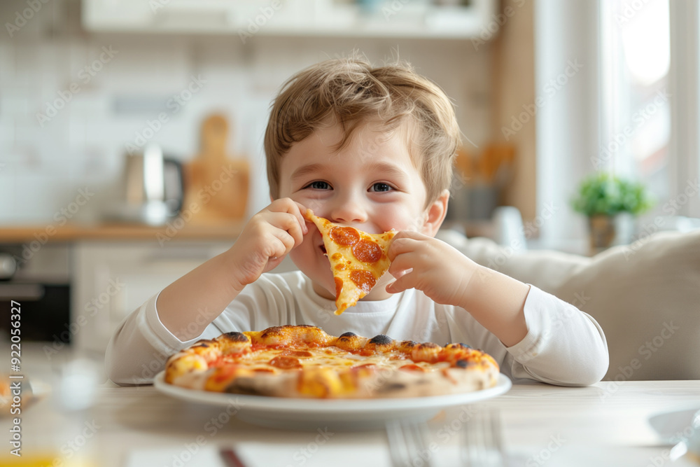 Smiling toddler enjoying a slice of pizza at home with a bright and cozy kitchen background. Concepts of childhood, culinary enjoyment, and a happy family atmosphere. Smiling toddler enjoying a slice of pizza at home with a bright and cozy kitchen background. Concepts of childhood, culinary enjoyment, and a happy family atmosphere.