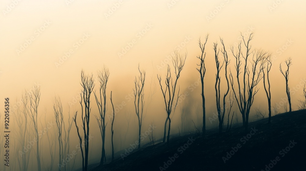 Smoke rising from barren trees in a minimalist landscape at dusk Smoke rising from barren trees in a minimalist landscape at dusk