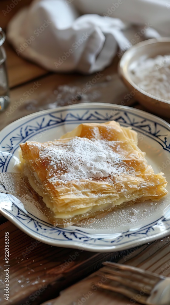 Greek pastry Bougatsa with phyllo dough and semolina custard cream. AI generated illustration Greek pastry Bougatsa with phyllo dough and semolina custard cream. AI generated illustration