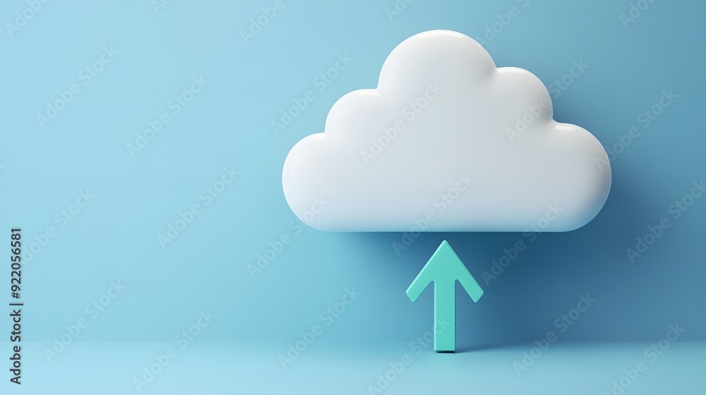 Minimalistic cloud icon with upward arrow on blue background symbolizing cloud computing, data upload, and modern technology concepts. Minimalistic cloud icon with upward arrow on blue background symbolizing cloud computing, data upload, and modern technology concepts.