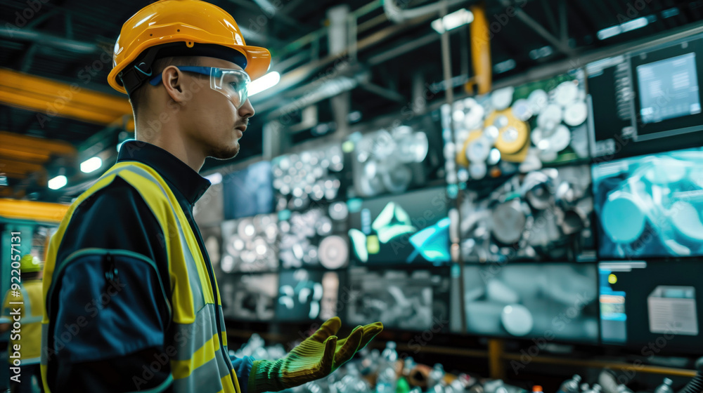 Focused worker in safety gear and helmet analyzing data on multiple screens in industrial setting. Concepts of industrial technology, safety standards, and data analysis.