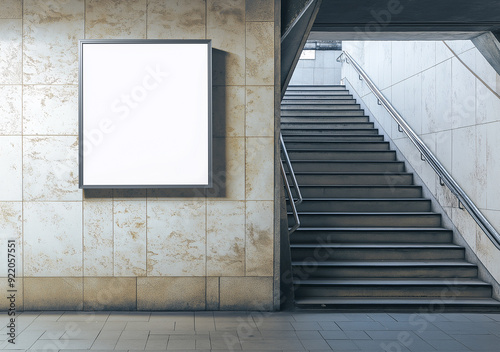 A white sign is on a wall in a subway station
