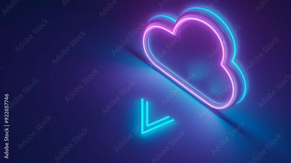 Neon cloud download icon on dark background, representing cloud computing and data transfer in vibrant colors. Neon cloud download icon on dark background, representing cloud computing and data transfer in vibrant colors.