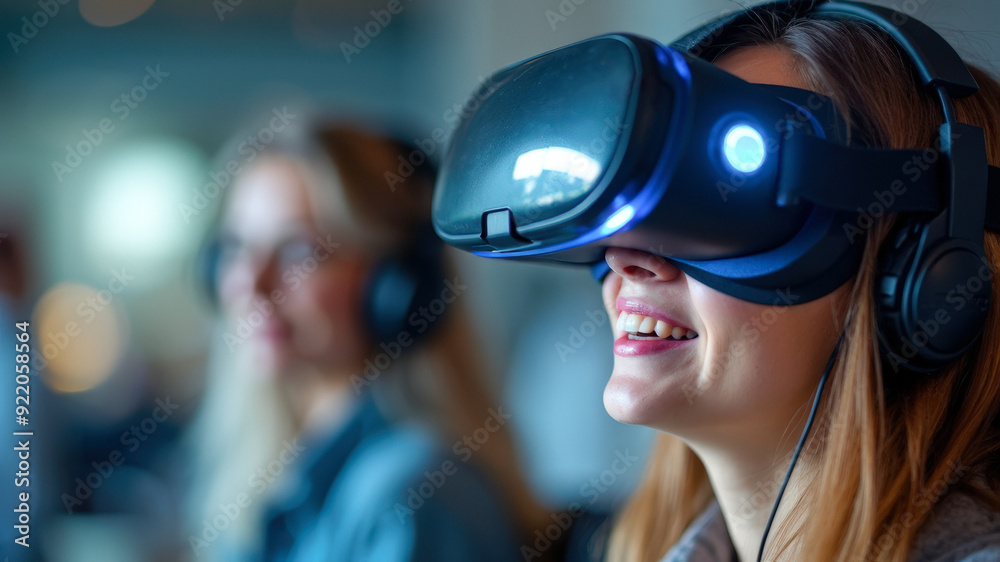 Woman Wearing VR Headset Smiles Woman Wearing VR Headset Smiles