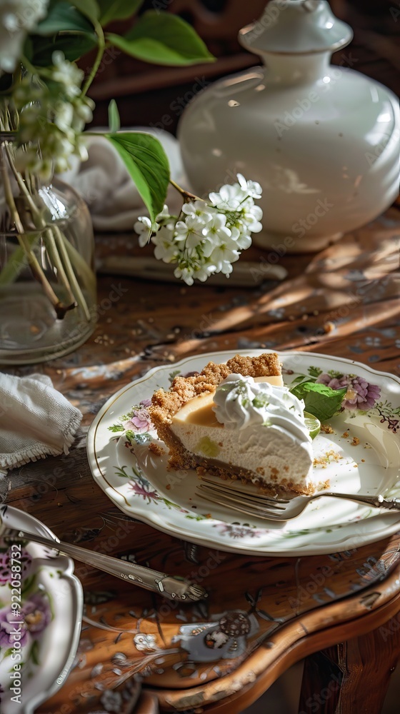 Slice of Key Lime Pie with Whipped Cream and Lime Zest on a Plate. AI generated illustration Slice of Key Lime Pie with Whipped Cream and Lime Zest on a Plate. AI generated illustration
