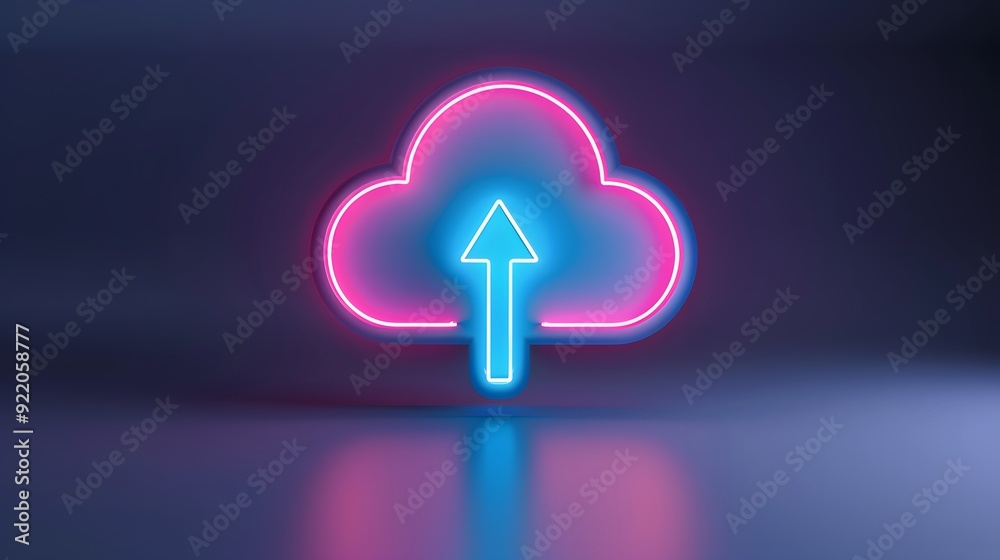 Neon cloud icon with an upward arrow symbolizing cloud storage, upload technology, and data transfer. Modern tech and network concept. Neon cloud icon with an upward arrow symbolizing cloud storage, upload technology, and data transfer. Modern tech and network concept.