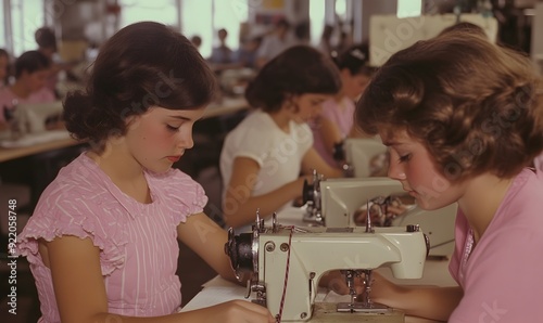 Girls using sewing machines in an Irish shirt factory, Generative AI